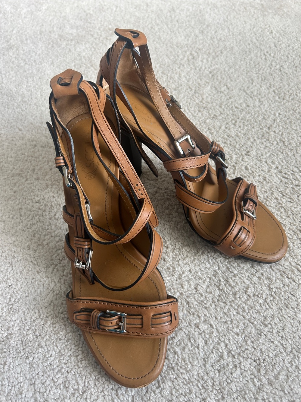 Tod's Tan Leather Multi-Strap High Heel Sandals